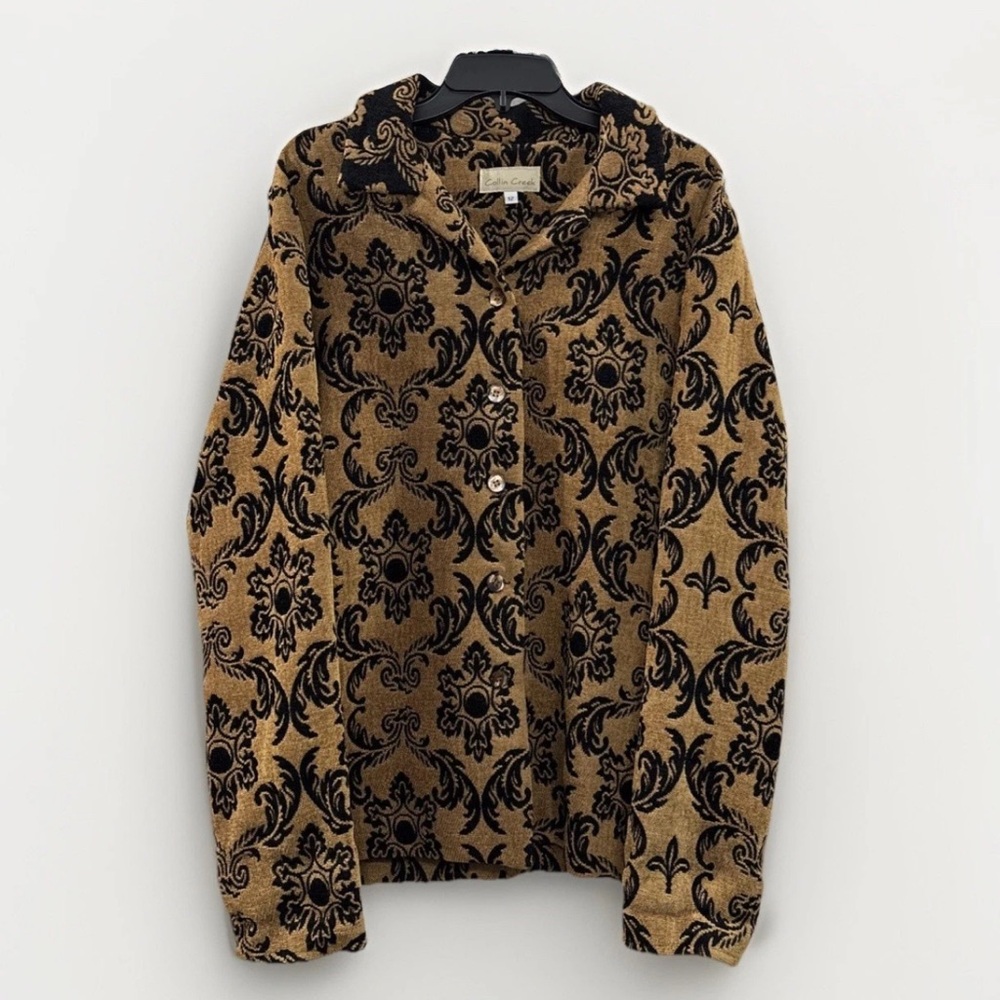 Vintage Collin Creek Sz 12 Black Gold Blazer Jacket Floral Damask‎ Flocked USA